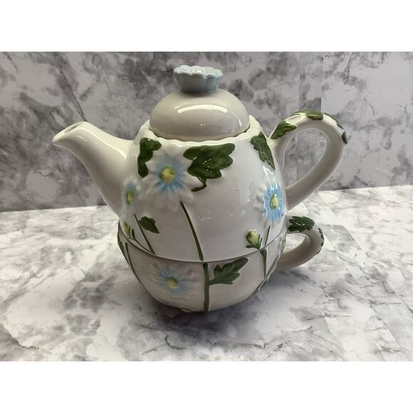 "Tea For One" 3 Piece Hand Painted Spring Floral Tea Pot - Vintage - Picture 1 of 7